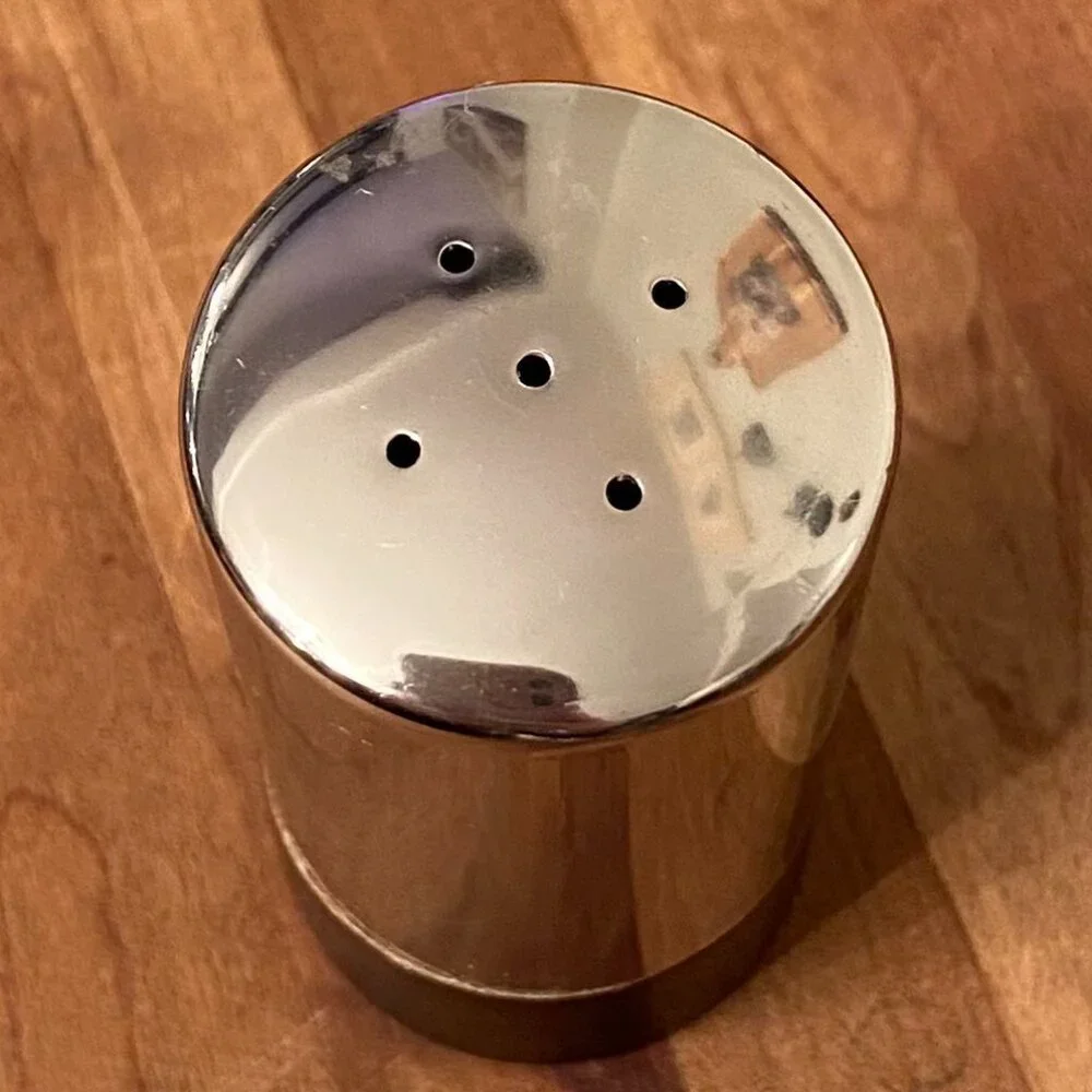 Vintage Salt and Pepper Shakers Set Stainless Steel with Wood Base